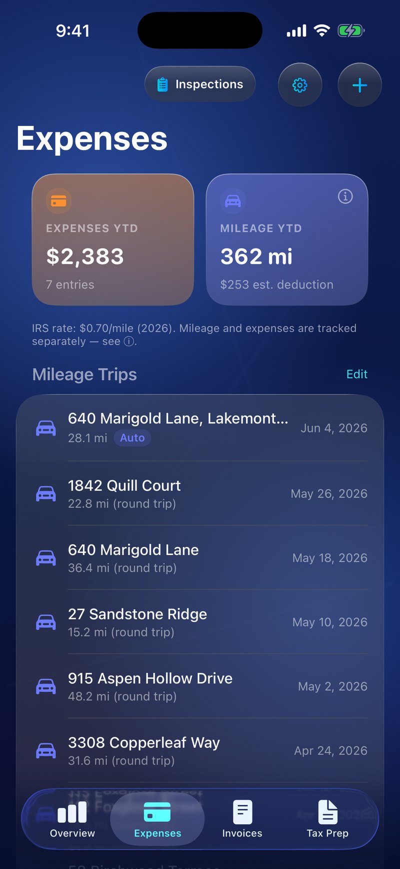 InspectrPlus expenses list with categories and amounts