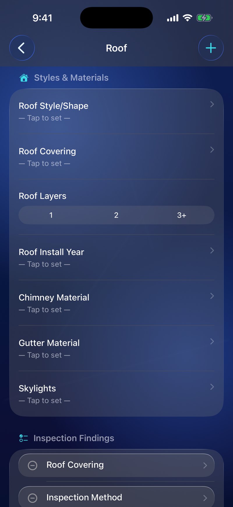 InspectrPlus Roof section showing Styles & Materials fields and Inspection Findings
