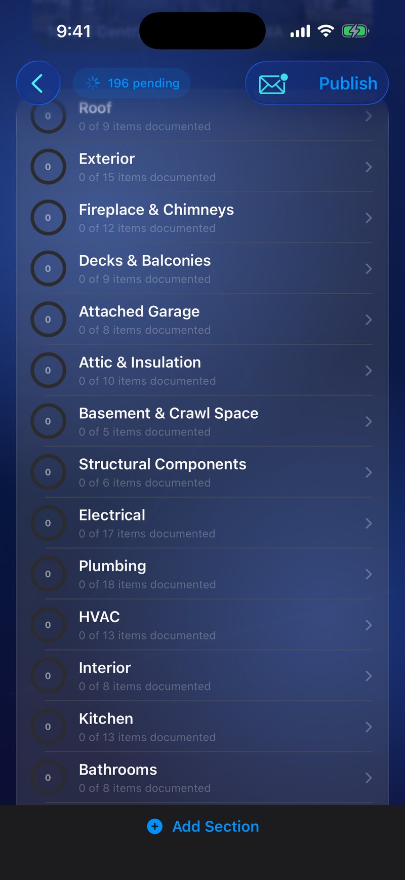 InspectrPlus inspection sections list — Roof, Electrical, Plumbing, HVAC and more, each with items documented