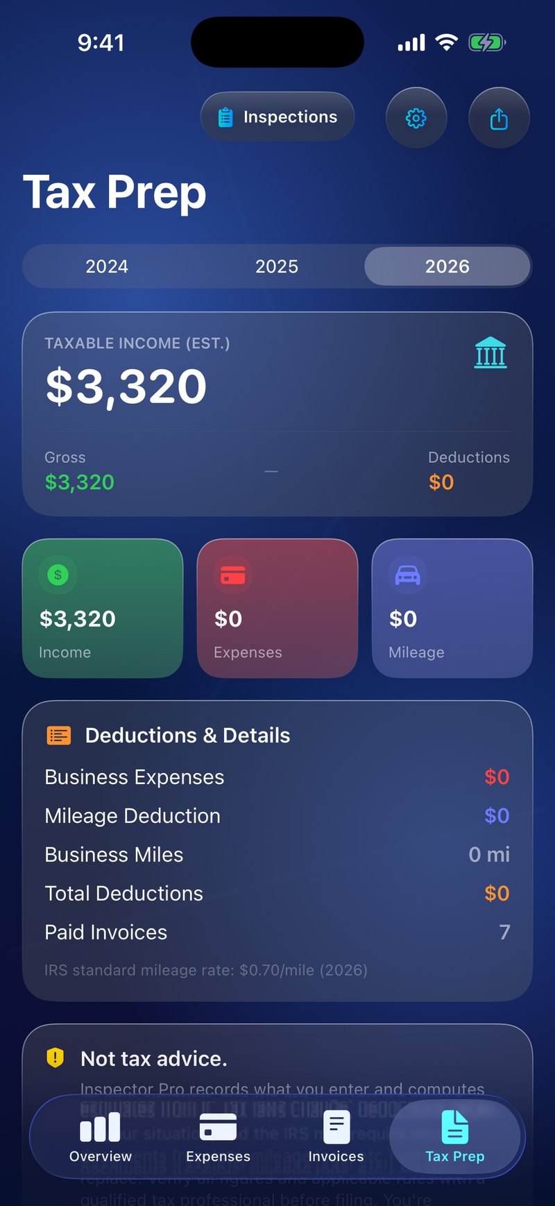 InspectrPlus tax prep summary with income, deductions, and estimated totals
